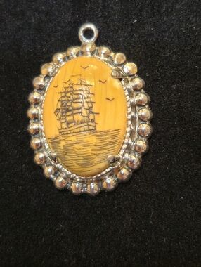 Scrimshaw Pendant Necklace Sterling Silver Bone Ivory W/ Sea Ship Seaguls Toned